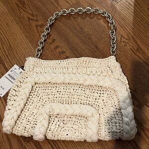 NWT ZARA Cream / Ivory Raffia Straw Shoulder Bag with Gold Metal Strap